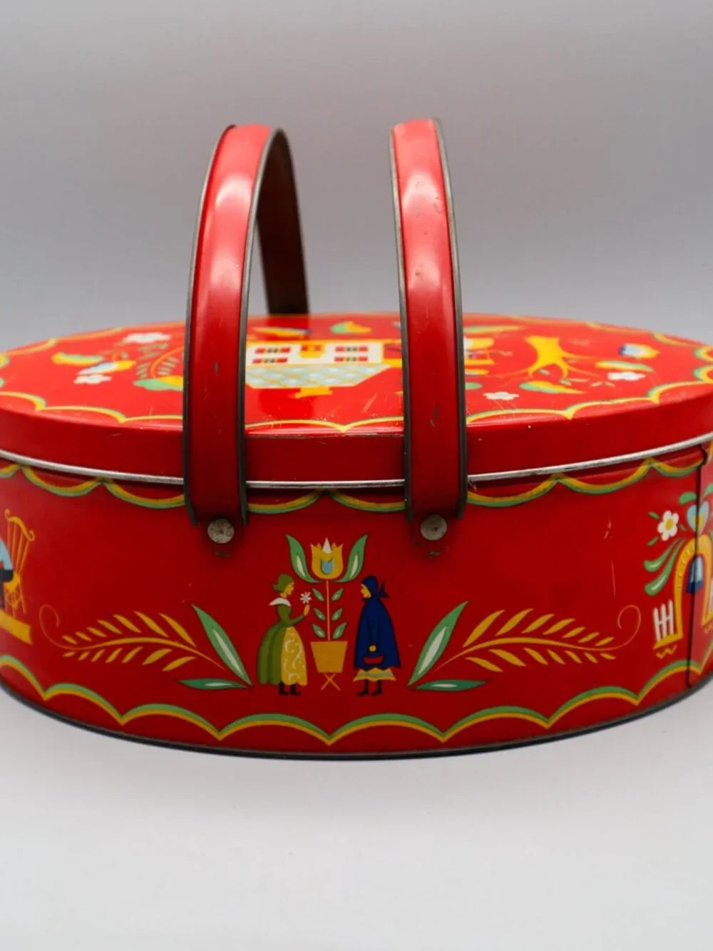 Vintage Pennsylvania Dutch Folk Art Storage Tin Sewing Basket w/ Swivel Handles